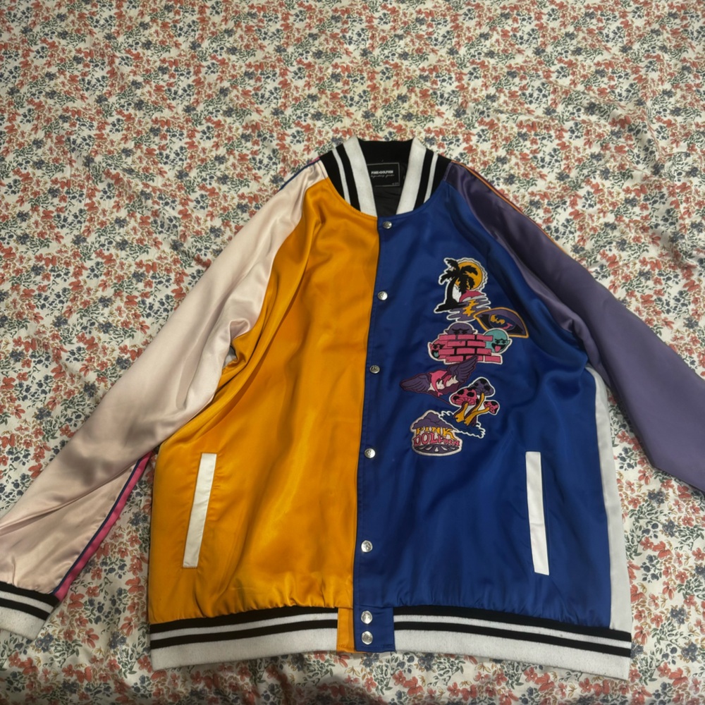 Pink dolphin satin multicolored and white varsity jacket